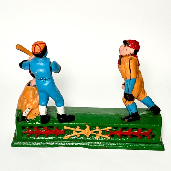Vintage Cast Iron Hometown Battery Baseball Mechanical Coin  Bank Toy - Picture 2 of 11